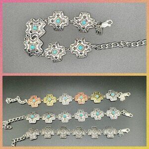 Faux Turquoise and Silver Tone Concho Chain Bracelet #1440